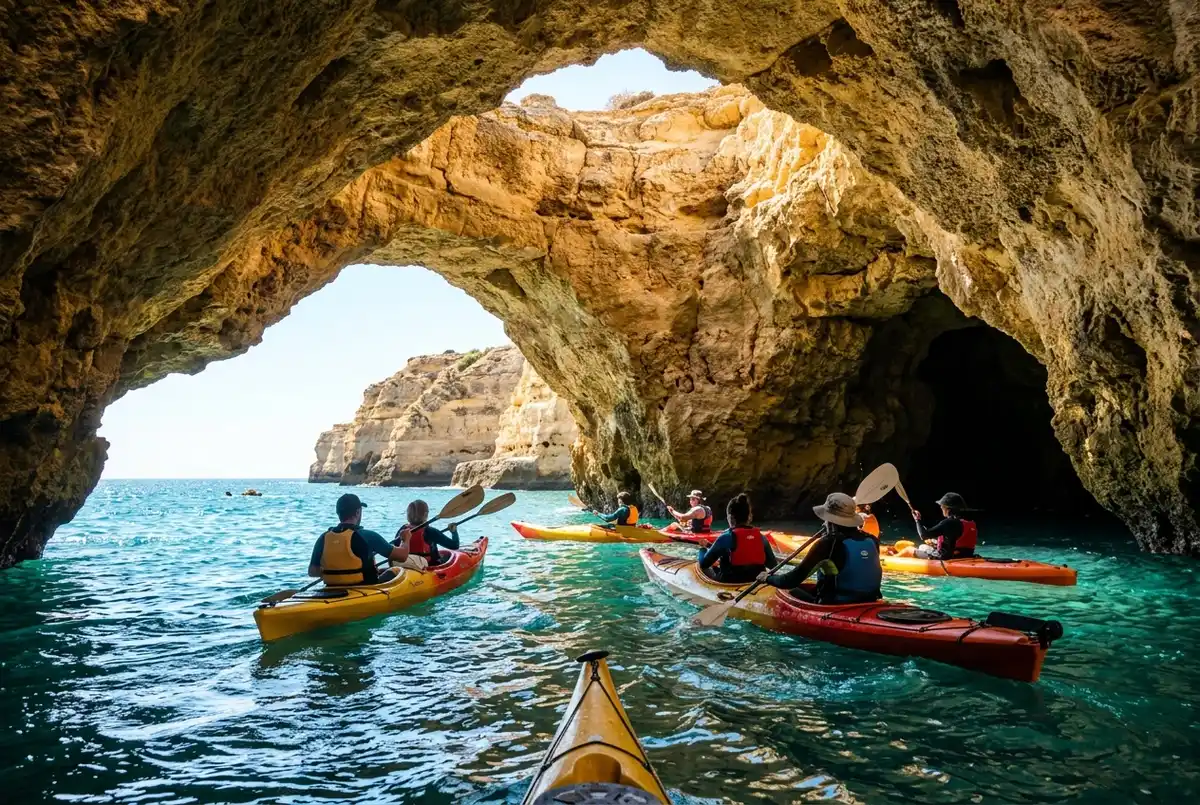 grupo de kayak guiado remando a través de la entrada dorada e iluminada del algar de benagil, ángulo bajo a ras de agua, luz brillante de mediodía en el algarve, kayak cuevas benagil