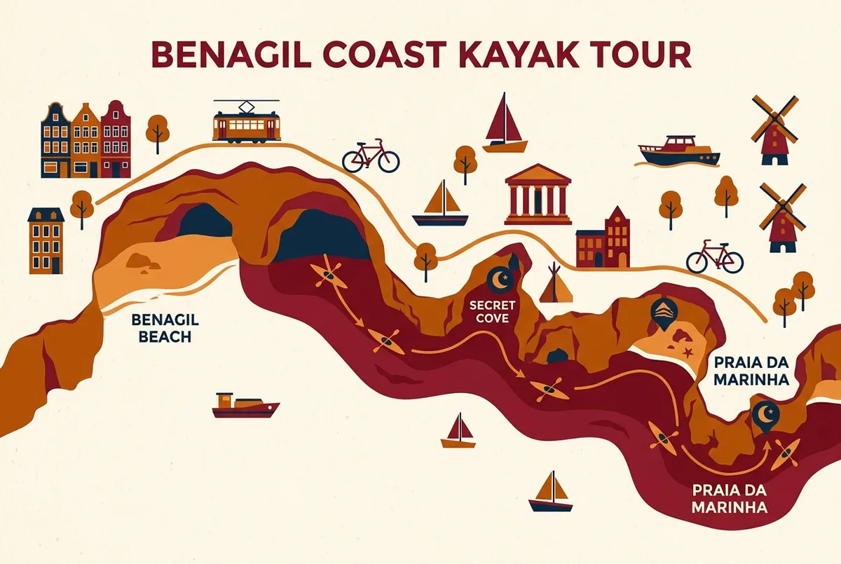 infografía sencilla estilo mapa mostrando la ruta guiada en kayak desde benagil beach a través de la cueva hasta la praia da marinha con calas secretas marcadas, iconos planos, solo etiquetas genéricas