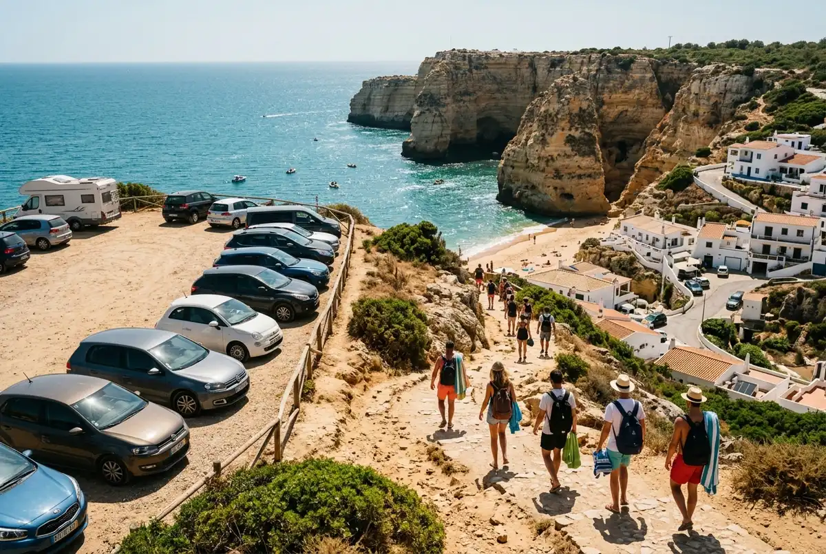 zona de aparcamiento sencilla en lo alto de un acantilado sobre el pueblo de benagil con coches aparcados y un sendero peatonal bajando hacia la playa, luz de manana, aparcamiento cuevas de benagil