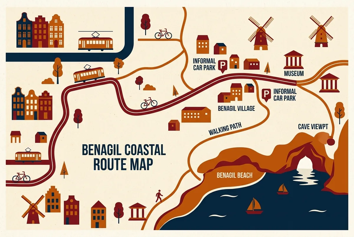 infografia simple mostrando una vista aerea del pueblo de benagil con la zona de aparcamiento en lo alto y una linea de sendero peatonal bajando hasta la playa, iconos planos, solo etiquetas genericas sin cifras