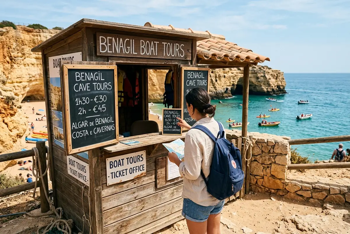 Reisender vergleicht Preistafeln für Bootstouren an einem kleinen Ticketstand nahe dem Benagil-Strand, Algarve-Klippen und türkises Wasser im Hintergrund, helles Mittagslicht