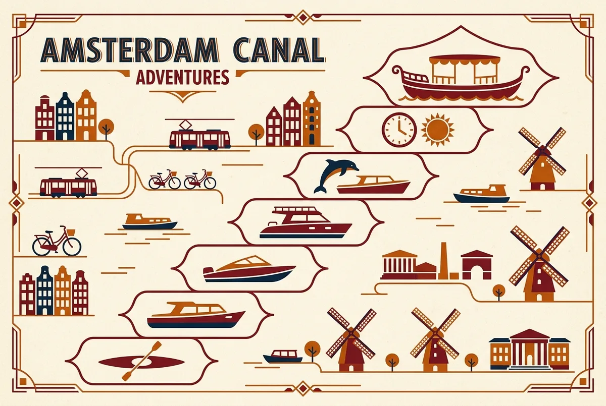 Einfache Preisleiter-Infografik zeigt Symbole für Tourformate vom günstigsten zum teuersten, Speedboot, Express-Boot, Kajak, Katamaran, Delfin-Kombi, Ganztagestour, Flat Icon Stil, nur generische Beschriftungen