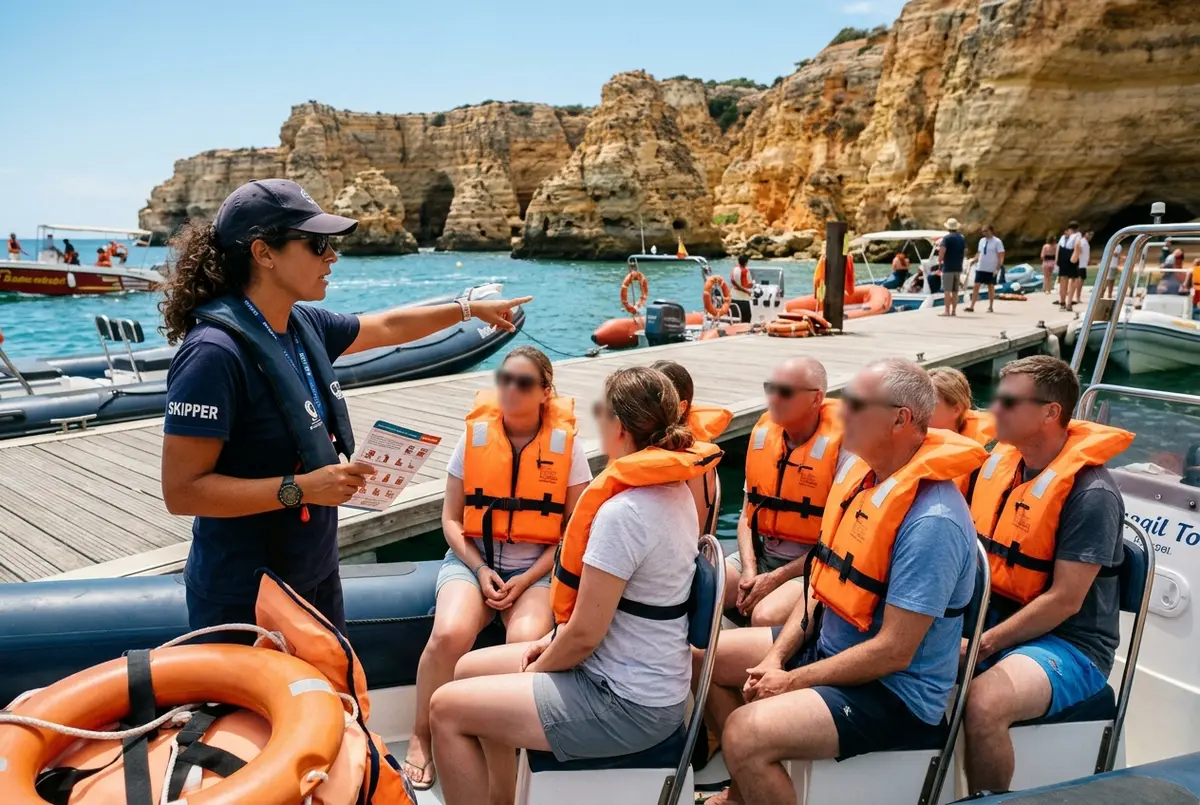 guia con chaleco salvavidas ayudando a un pasajero a subir a una lancha pequeña antes de la excursion al algar de benagil, mar en calma bajo cielo despejado, es seguro el tour a las cuevas de benagil