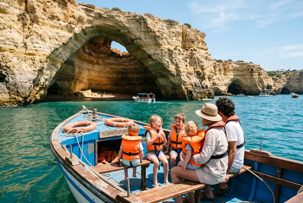 Familie mit zwei Kindern in Schwimmwesten sitzt entspannt auf dem gepolsterten Deck eines Katamarans auf dem Weg zur Algar de Benagil, helles Vormittagslicht, türkises Wasser