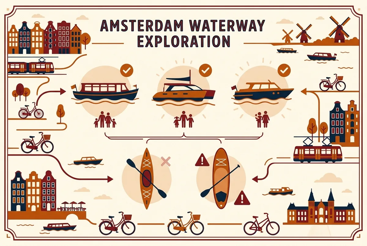 Einfache Vergleichs-Infografik zeigt Symbole für Bootstour und Kajaktour mit Altersempfehlungen als generische Icons, Flat Icon Stil, nur Beschriftungen ohne Statistiken
