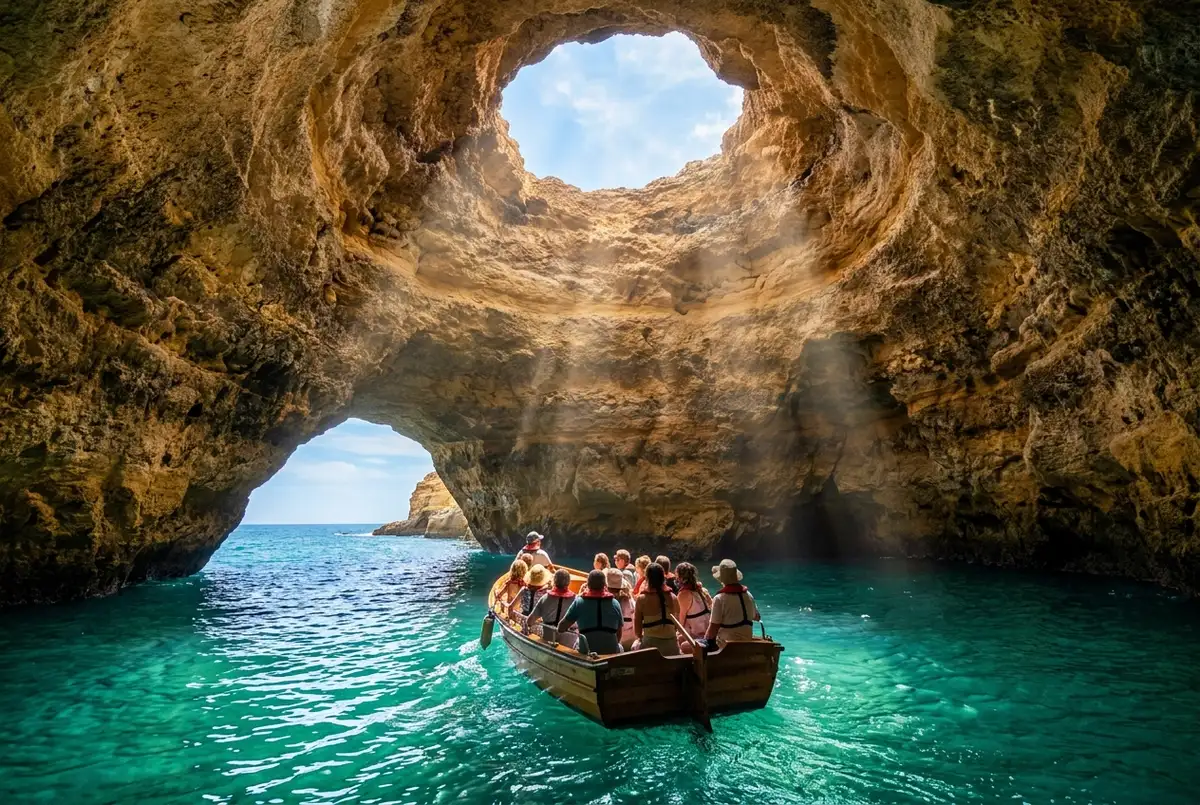 Kleines Boot fährt durch eine hohe, kathedralenartige Felsöffnung mit mehreren natürlichen Fenstern nahe Benagil, türkises Wasser, goldenes Nachmittagslicht auf Kalksteinklippen
