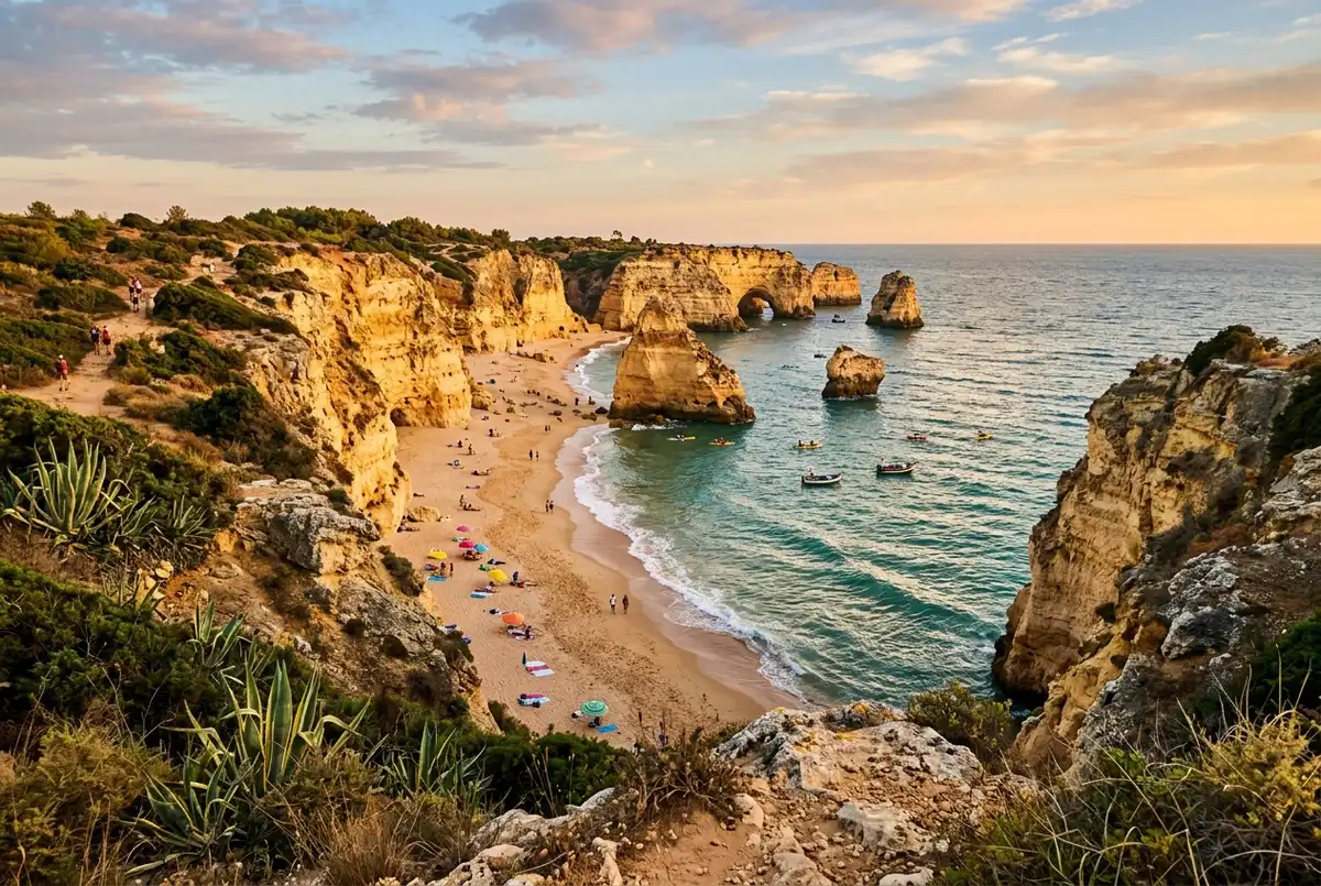 Wide golden hour view of Praia da Marinha's dramatic limestone cliffs and turquoise water near the Benagil caves, travelers walking down a wooden cliffside staircase toward the sand
