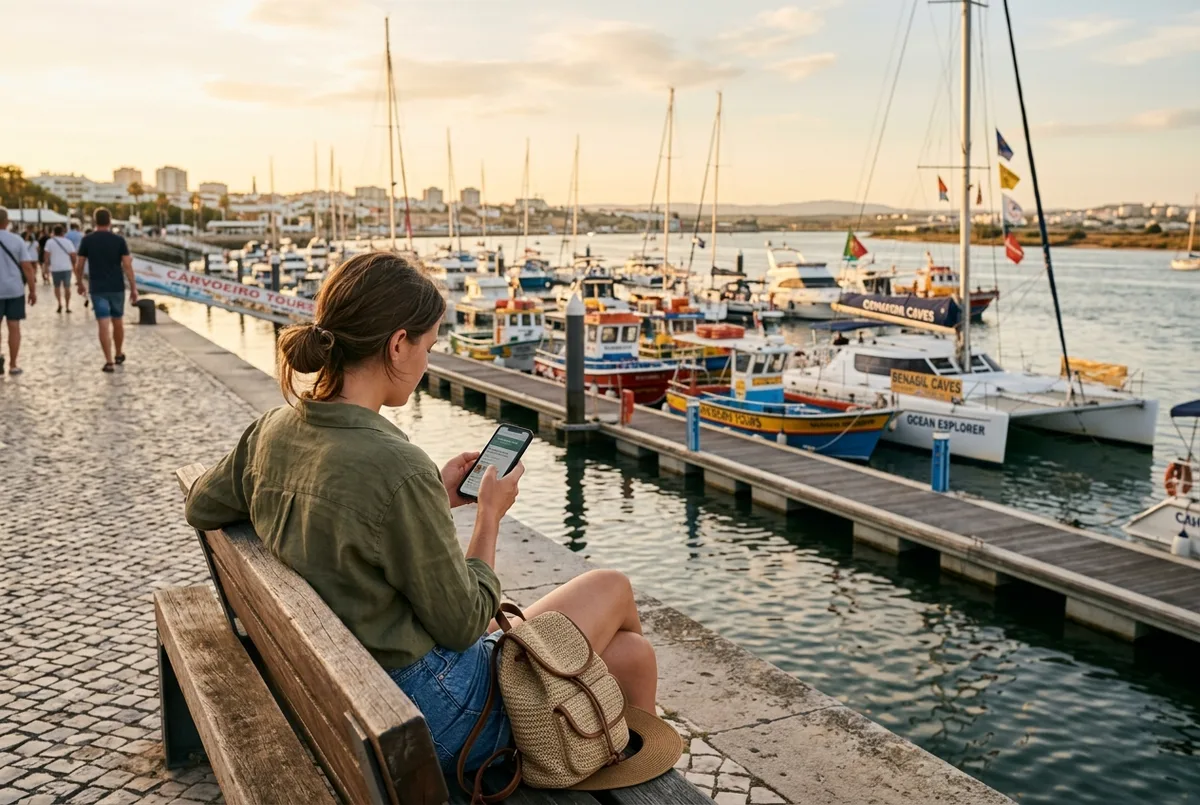 Reisende vergleichen Sternebewertungen und Rezensionen für Bootsanbieter auf dem Handy an der Marina de Portimão, Boote im Hintergrund, helles Nachmittagslicht