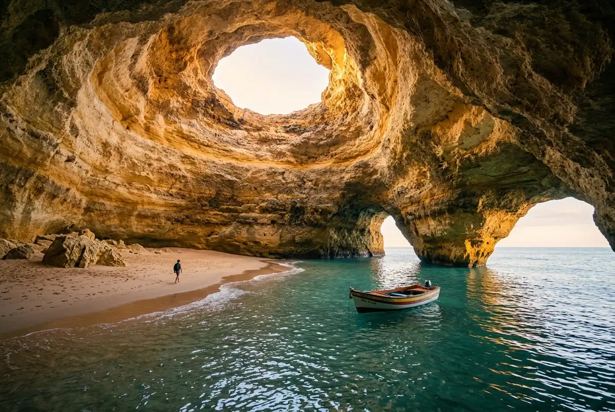 Turista che osserva le previsioni meteo su un telefono davanti alla grotta di benagil al mattino presto, cielo azzurro terso e luce dorata che entra dall'apertura della grotta