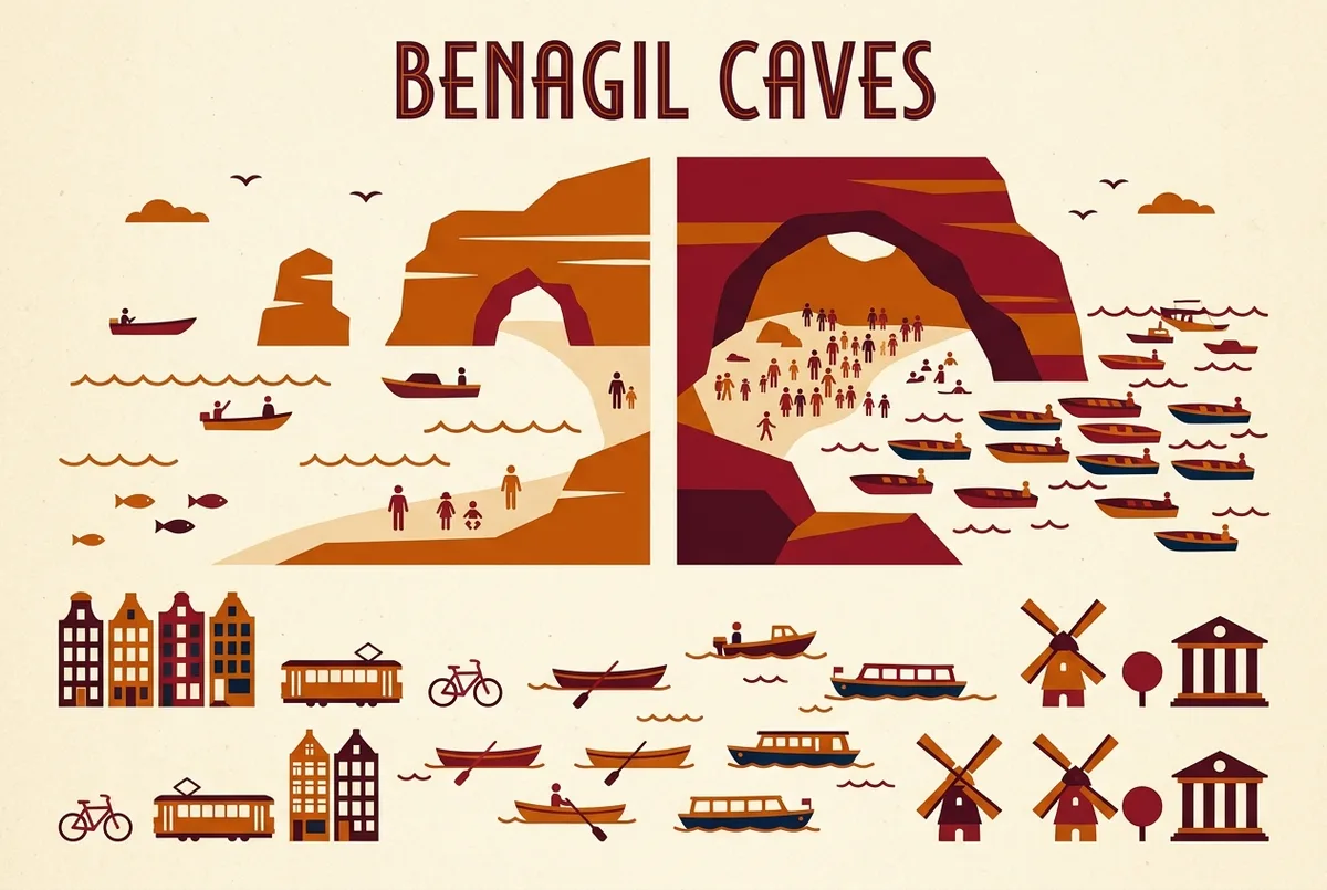 Grafico stagionale che mostra il periodo migliore per visitare la grotta di benagil, con mesi da maggio a ottobre evidenziati per sole stabile e mare calmo, stile infografica pulita con icone di sole, nuvola e onda